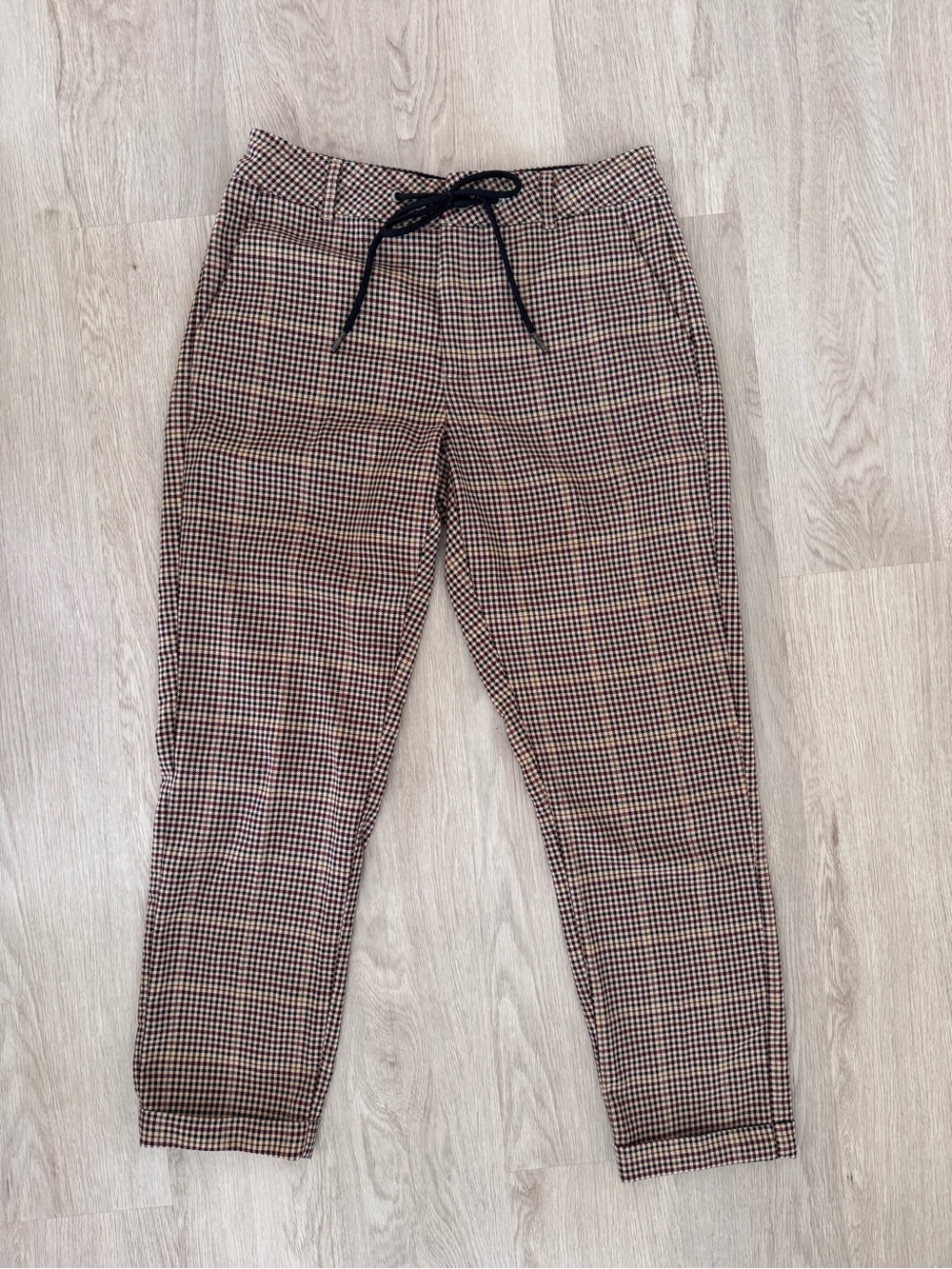 Kaffé Plaid Trousers in Burgundy, Black and Tan Houndstooth